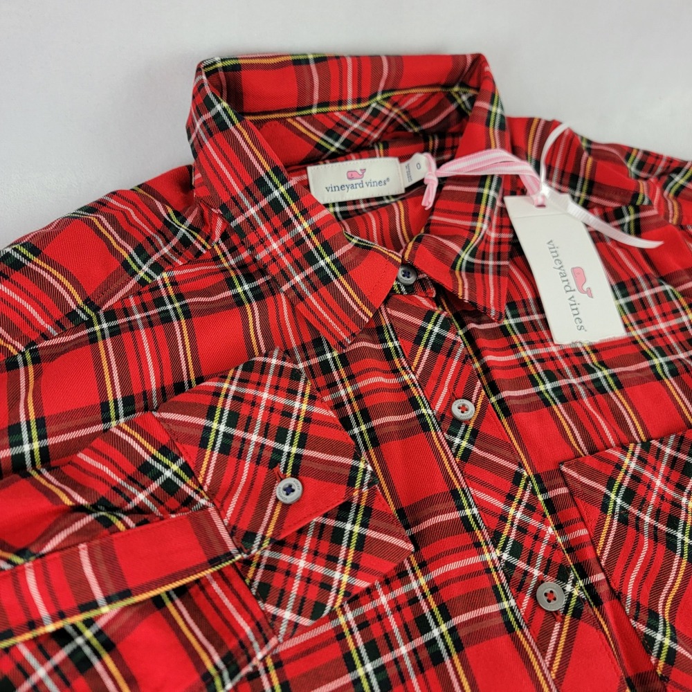 Vineyard Vines Womens Red Tartan Plaid Rayon Button Down Shirt Size 0 NEW